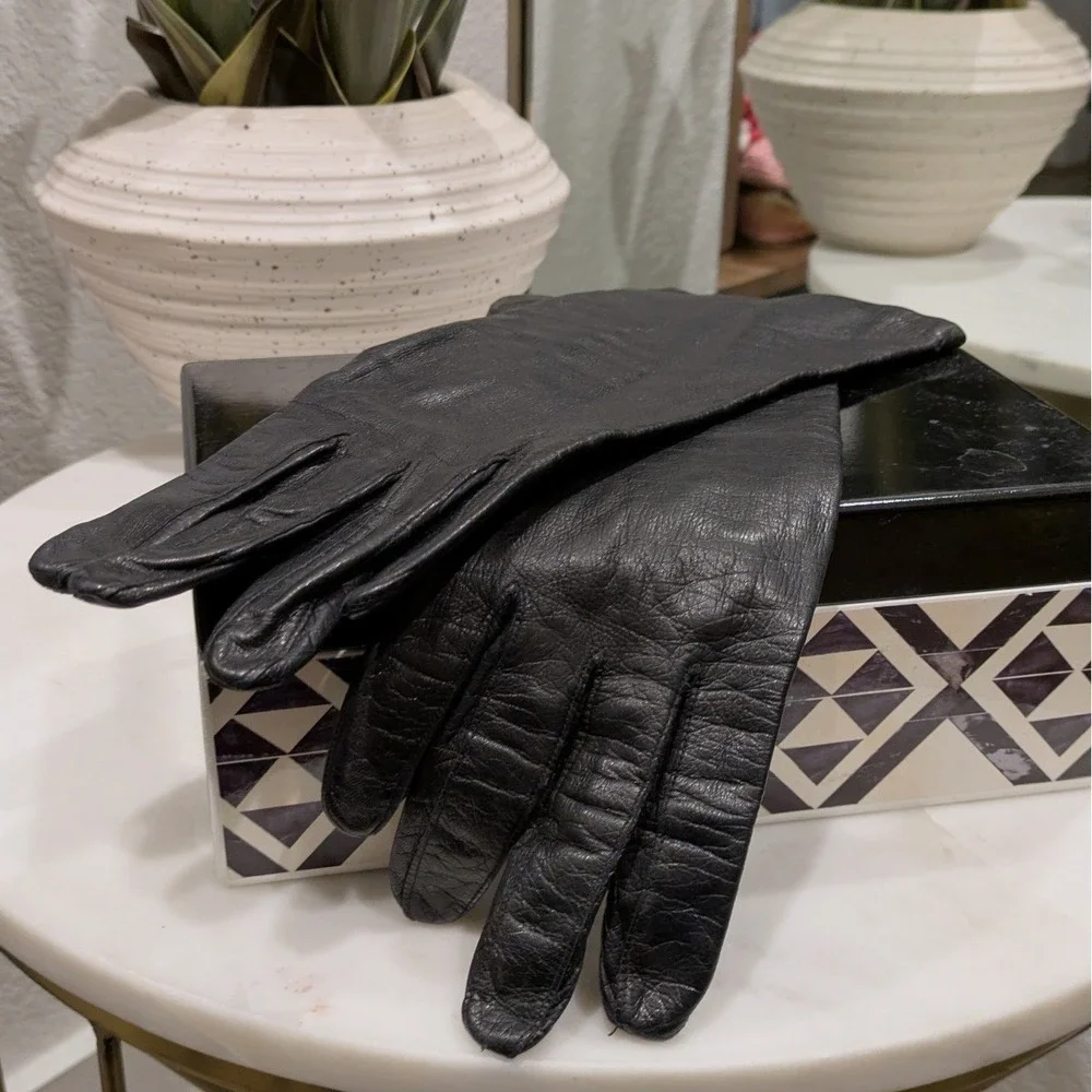 Vtg 1950s Aris of Paris Black Real Kidskin Leather Gloves Sz 7 French Mid-length
